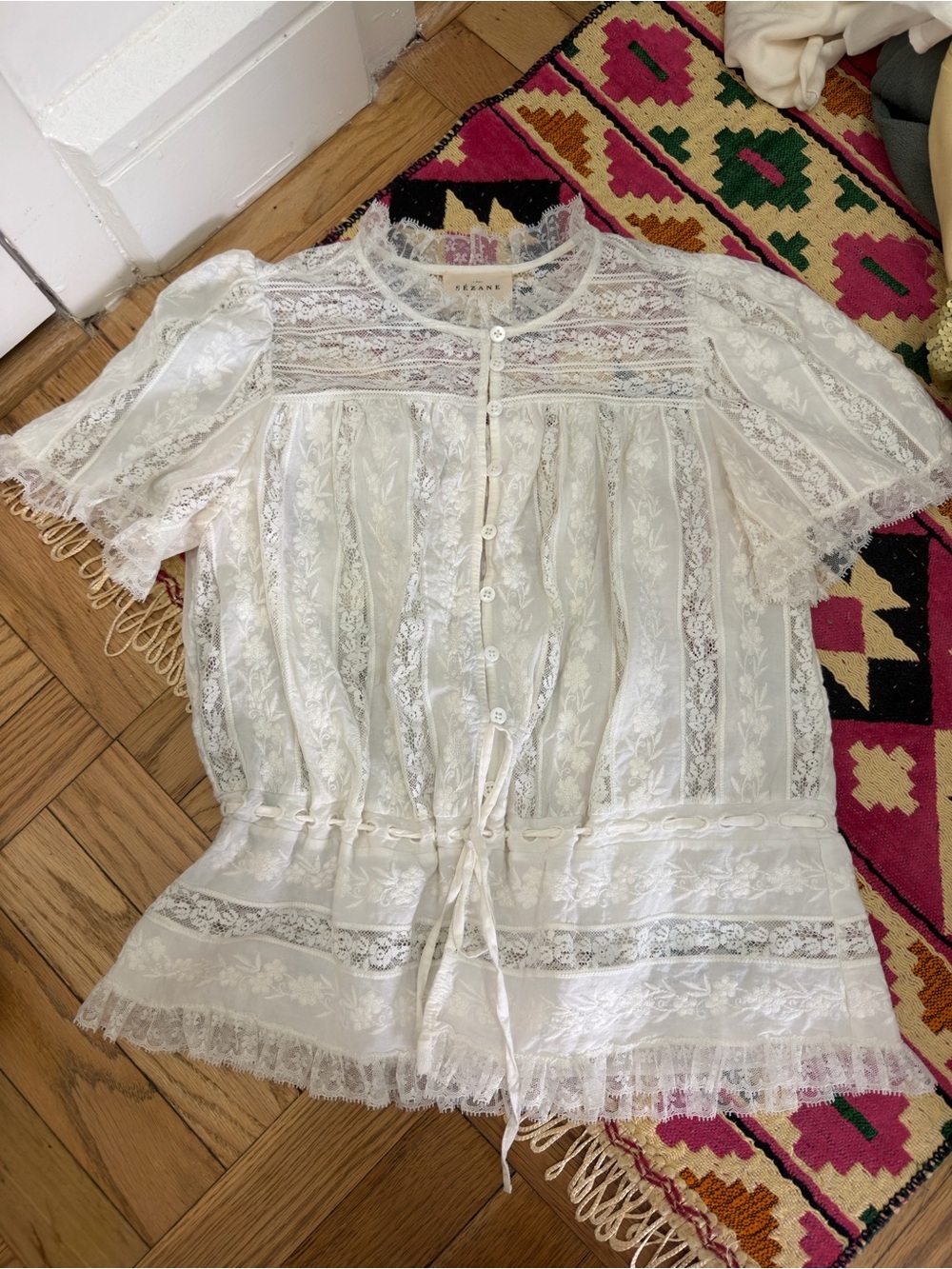 Sezane Lace Cotton White Lace Button-Front Peplum Blouse